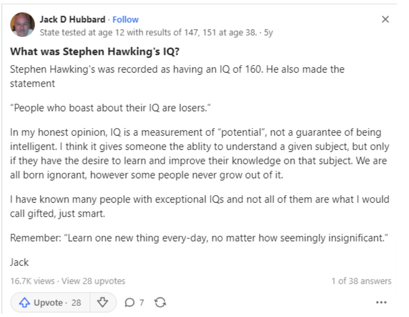 Stephen Hawking's IQ - Jack D Hubbard