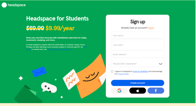 Headspace For Students Sign up Page